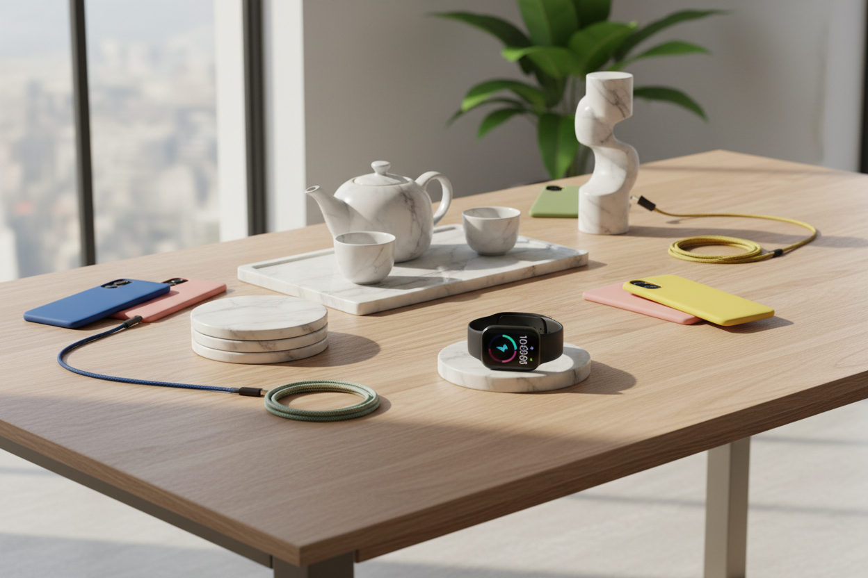 add dining table with marble products along with phone accessories and smartwatch