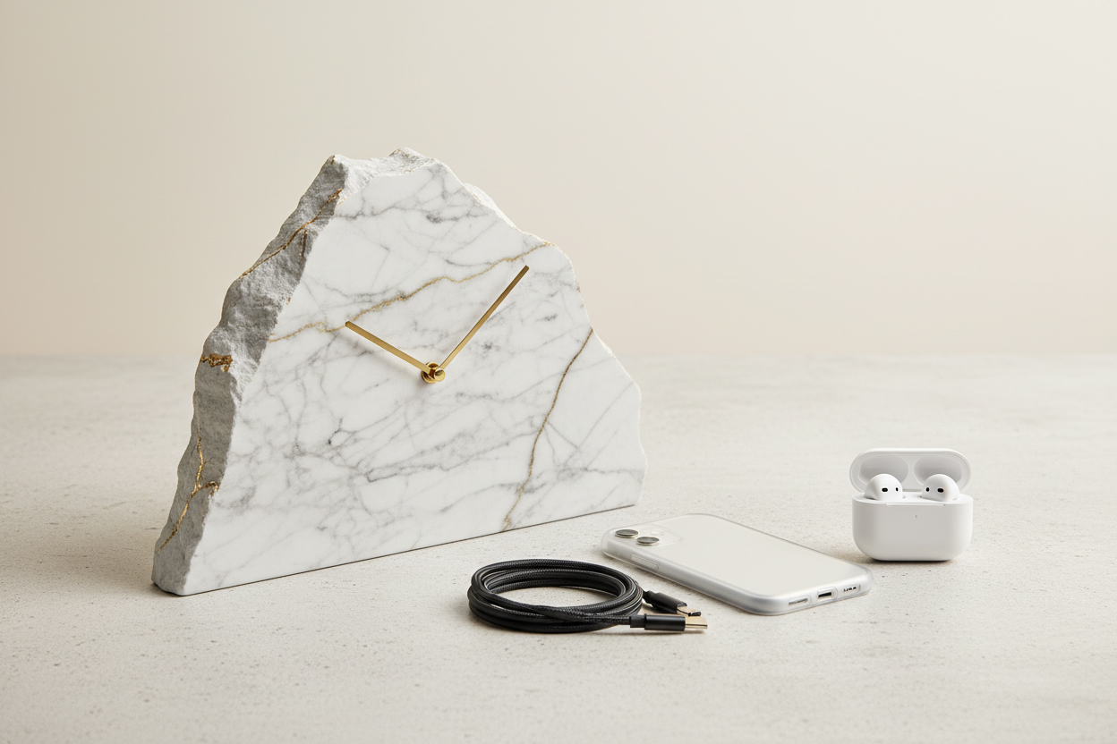 keep a table with only marble clock and original phone accessories